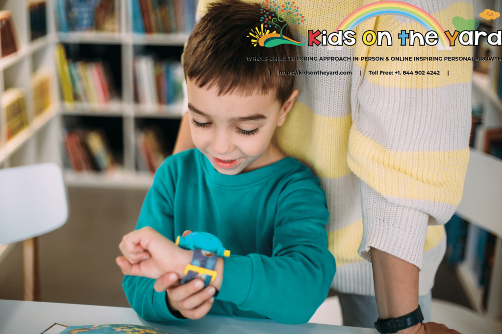 Mom gives her son a preschooler his first watch. Learning to determine the time by the clock.