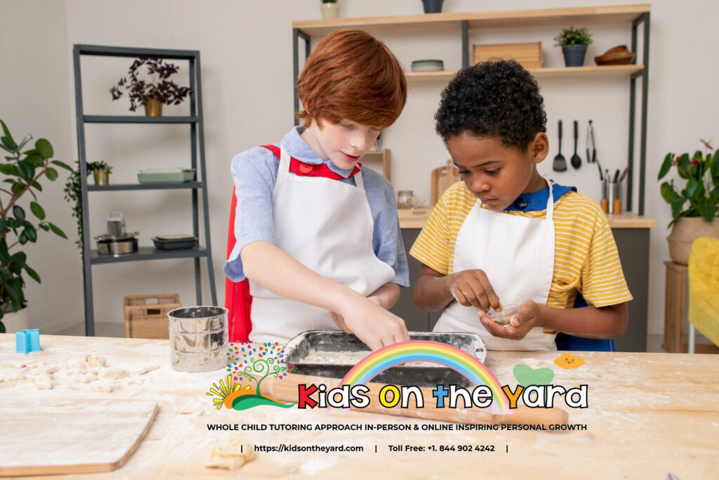 Kids rolling dough while cooking homemade pastry delicious cookies with pieces of milk chocolate