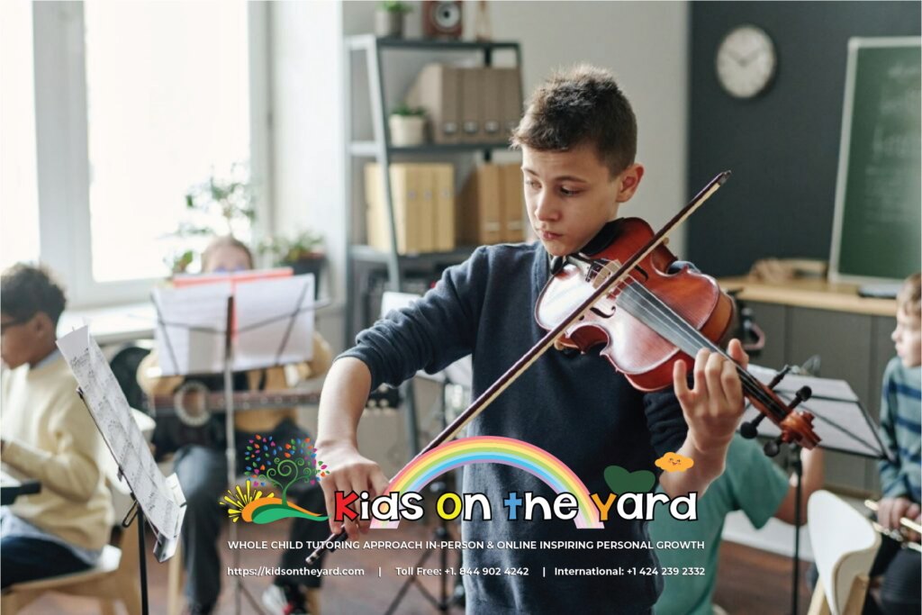 A child in orchestra, an extracurricular that will help develop musical abilities while improving memory and concentration.