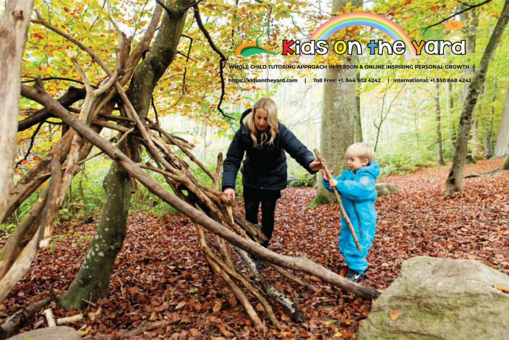 A young girl building a fort with her mother, challenging her to think critically, analyze her environment, and devise strategies.