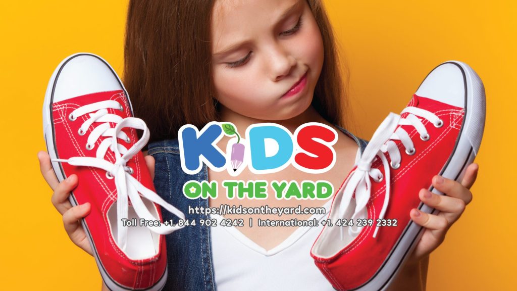 child comparing the lengths of different shoes to engage logical and critical thinking 