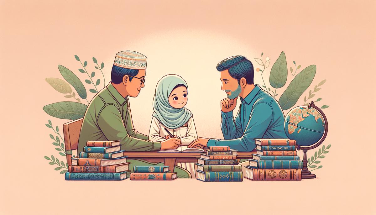 A parent and child having a conversation at a table with books and a globe, symbolizing parental support in a child's goal achievement journey